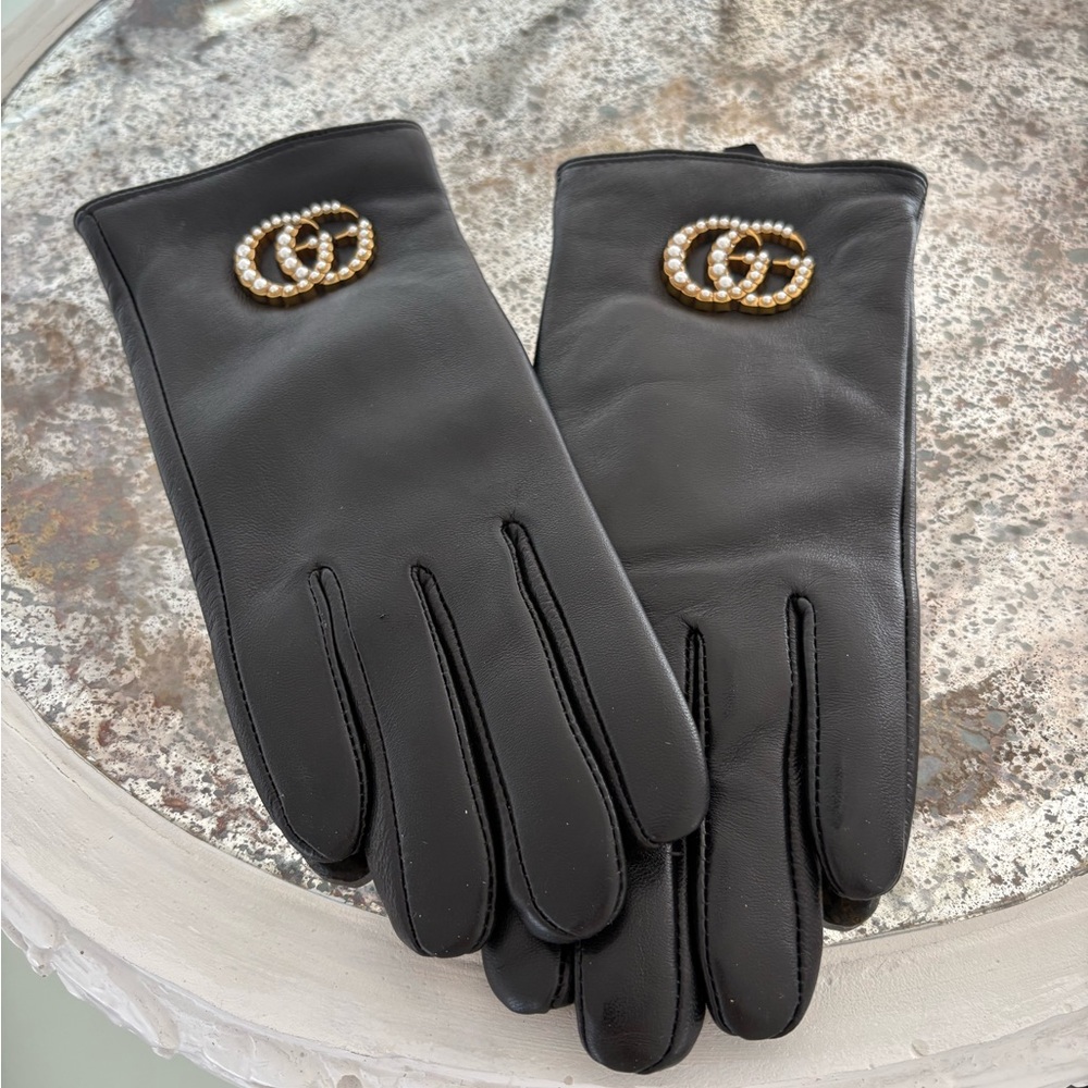 Black Leather Gloves with Gold Logo